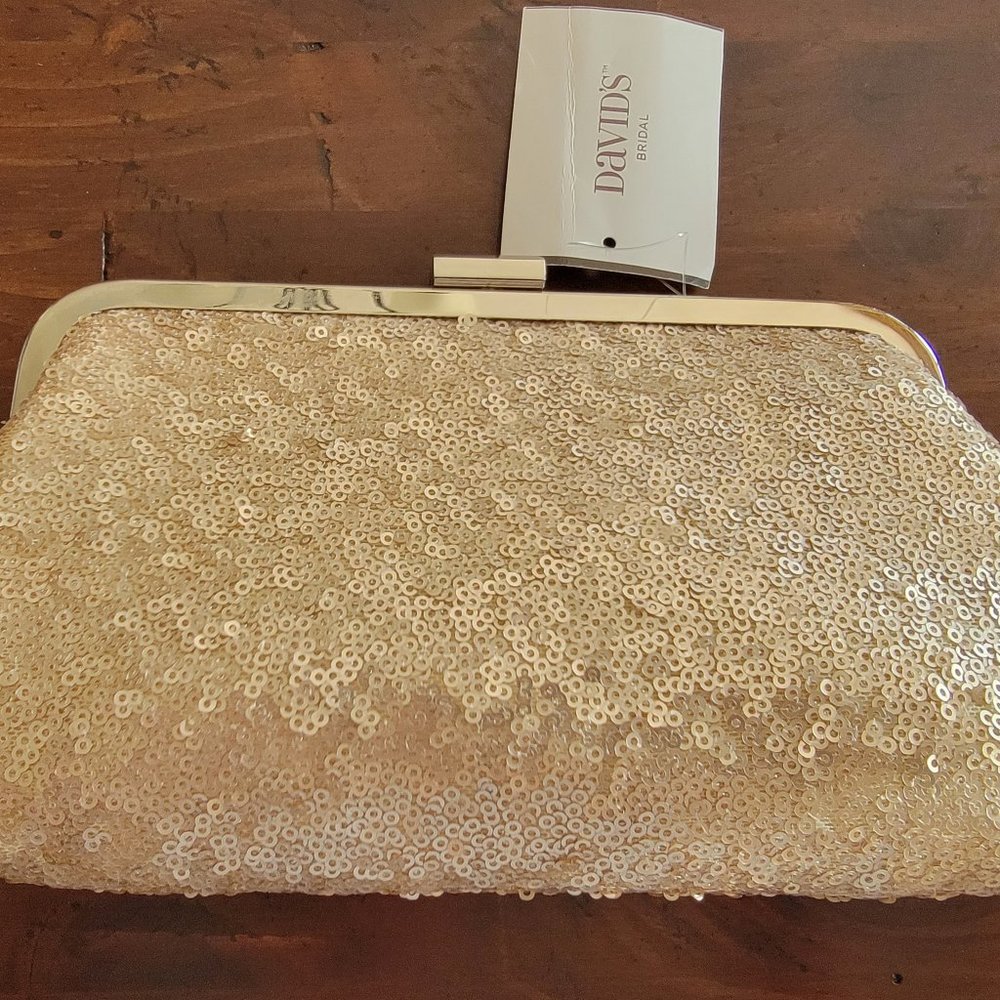 David's Bridal Champagne sequin metal frame soft clutch purse NWT